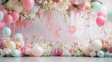 Obraz premium Pastel Dreamland: A Floral Balloon Backdrop