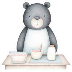 Bear chef, bear preparing overnight oats with ingredients on table
