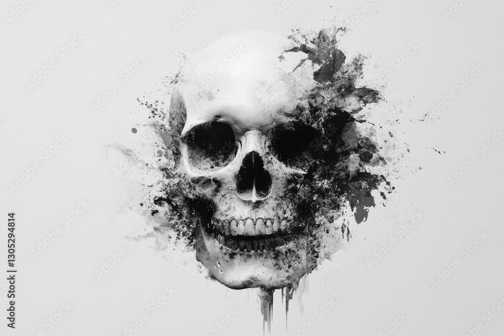 Aufkleber black and white artistic depiction of a skull with abstract splashes on a light background