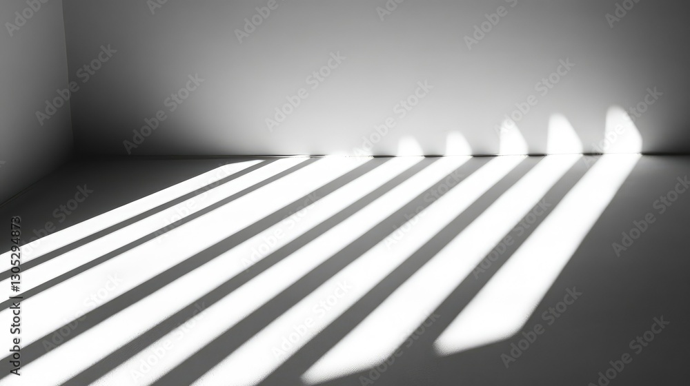 Poster dramatic shadows cast on minimalist wall and floor, creating patterns of light and dark in a contemp