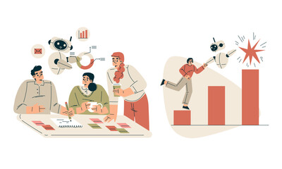 Artificial Intelligence Technology with People Character Interacting with Smart Bot Vector Set