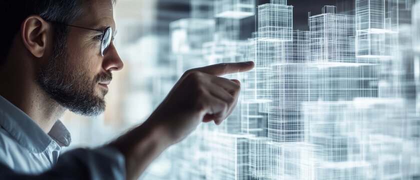 A man interacts with a futuristic digital interface, examining virtual data grids with intense curiosity and focus in a high-tech setting.