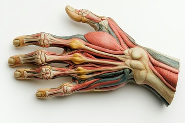 Detailed anatomical model of a human hand showcasing muscles, tendons, and bones in vibrant colors