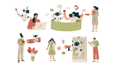 Artificial Intelligence Technology with People Character Interacting with Smart Bot Vector Set