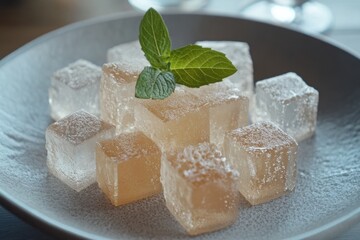 Delicate dessert featuring colorful gelatin cubes with mint leaves arranged on a decorative plate