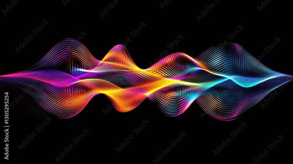 Poster vibrant abstract sound waves in motion with colorful gradients and fluid forms representing sound fr
