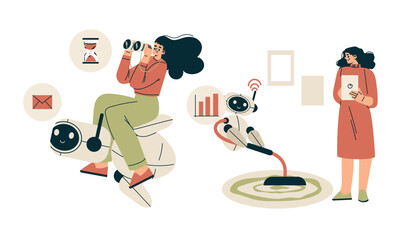 Artificial Intelligence Technology with People Character Interacting with Smart Bot Vector Set