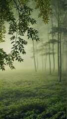 Fototapeta premium Misty forest scene with foliage in foreground. Atmospheric, tranquil landscape perfect for nature, outdoor, or serene design projects.