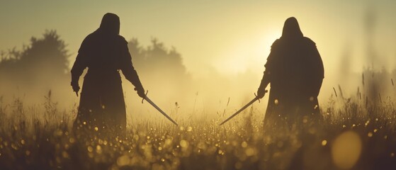 Two figures in medieval attire clash swords in a mist-enveloped field, their silhouettes deepened by the glowing horizon, brimming with tension.