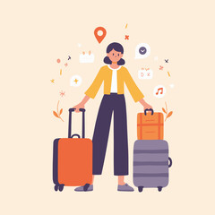 Woman with luggage planning a trip against a minimal background
