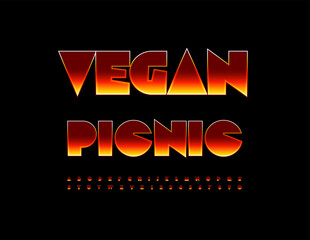 Vector Culinary poster Vegan Picnic. Flame Font. Modern Burning Alphabet Letters and Numbers set. 