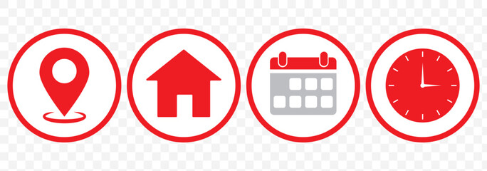 Date, Time, Address or Place Icons Symbol. Time, date and address icon isolated set. Event elements. Clock, calendar and map icon vector illustration on Transparent background. EPS 10.