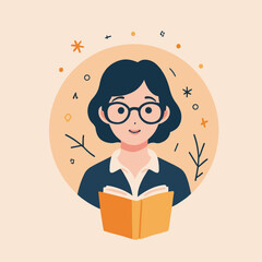 Smiling woman reading a book with abstract background