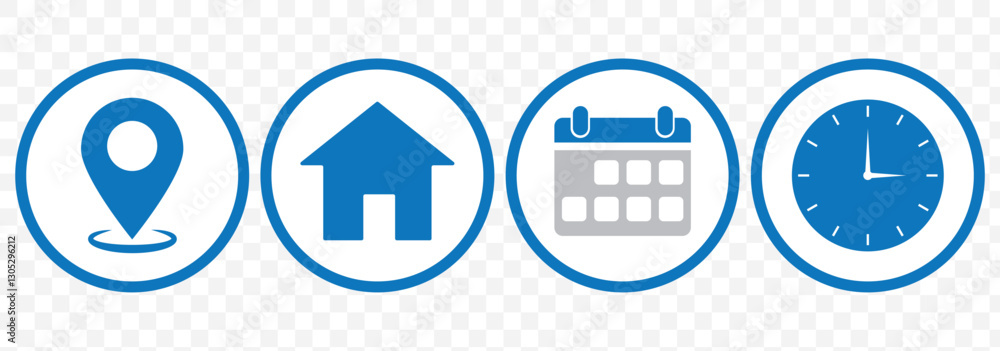 Poster date, time, address or place icons symbol. time, date and address icon isolated set. event elements.