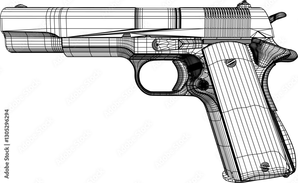 Poster detailed wireframe illustration of a handgun, showcasing technical precision and 3d modeling. ideal 