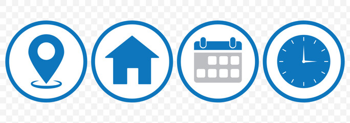 Date, Time, Address or Place Icons Symbol. Time, date and address icon isolated set. Event elements. Clock, calendar and map icon vector illustration on Transparent background. EPS 10.