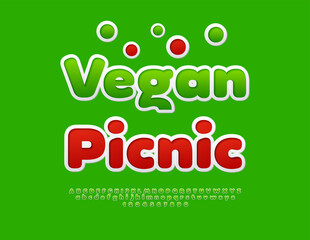 Vector Lifestyle flyer Vegan Picnic. Modern Green Font. Bright set of Cute Alphabet Letters and Numbers