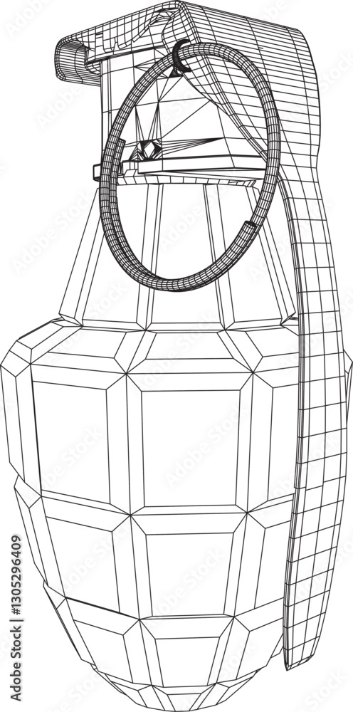 Poster 3d wireframe model of a grenade, featuring geometric grid patterns and structural accuracy. ideal fo