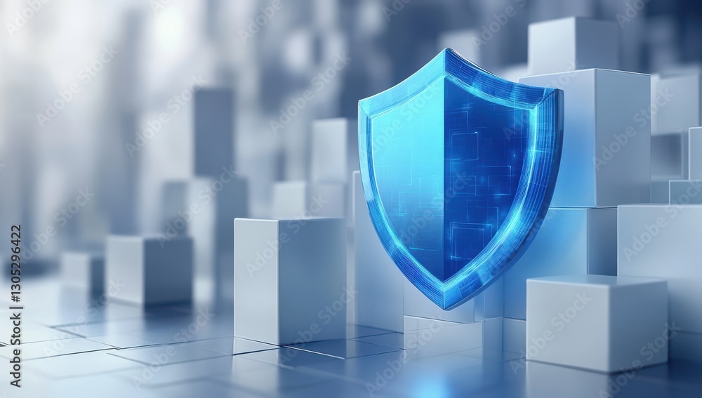 Poster digital security shield icon over technology blocks representing cyber protection and data safety in