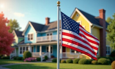 Fototapeta premium The American flag waves proudly in front of brightly colored houses on a sunny day, symbolizing patriotism, community, and vibrant neighborhood life in a picturesque suburban setting