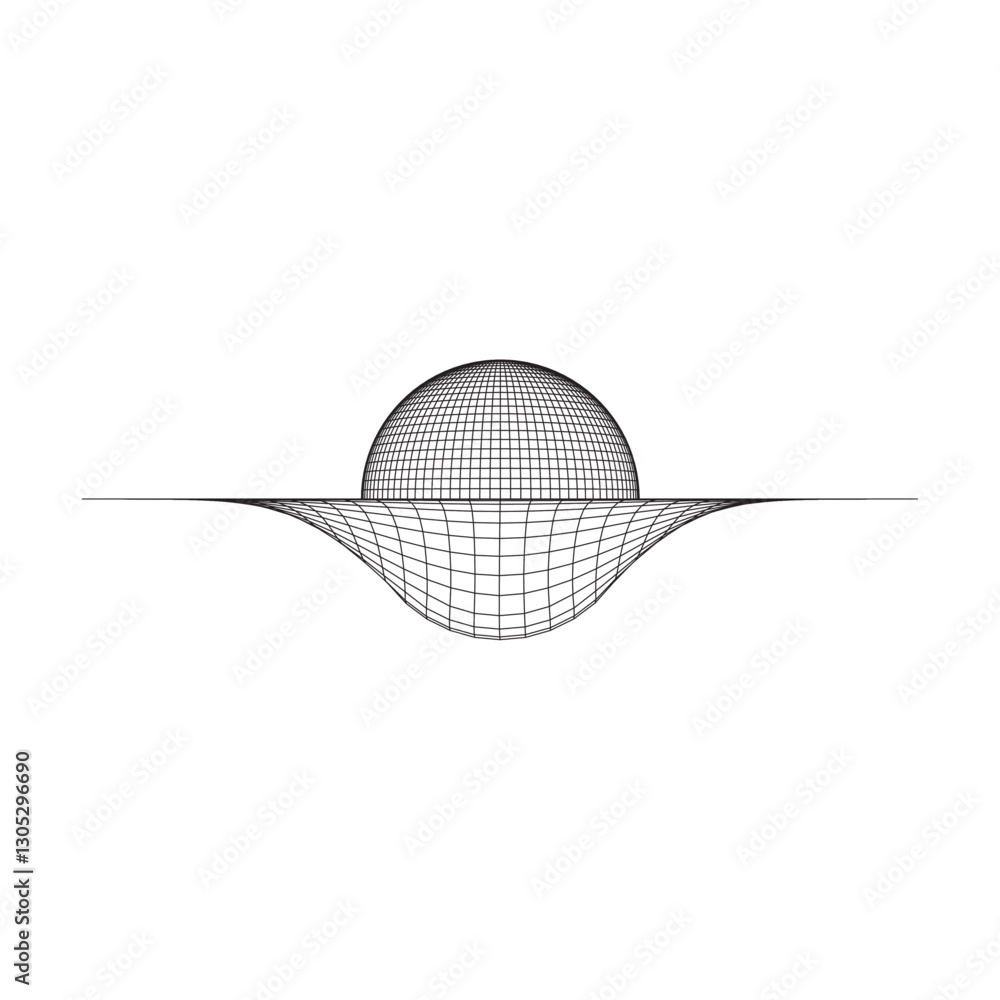 Poster wireframe sphere distorting a grid plane, illustrating gravitational pull or space-time curvature. s
