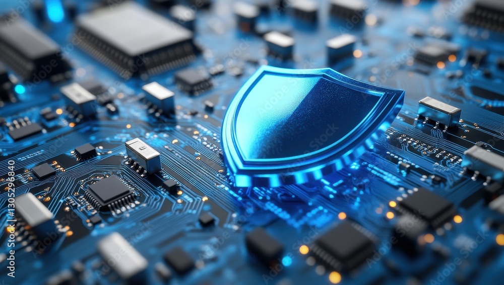 Poster digital security shield over microchip circuit boards symbolizing technology protection and cybersec