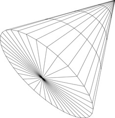 Wireframe 3D rendering of a conical shape showcasing geometric precision and mathematical structure. Ideal for scientific architectural and computational design applications