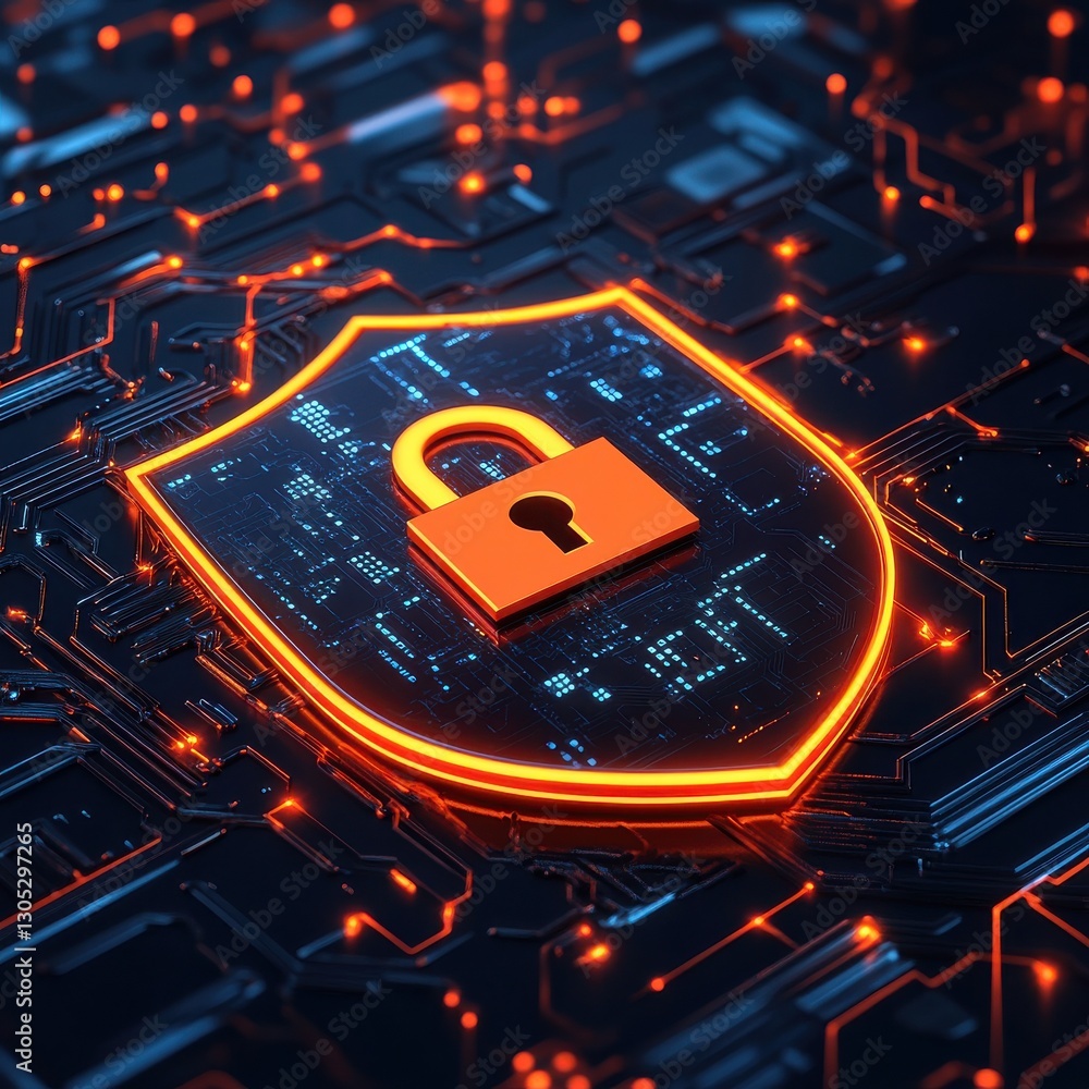 Poster digital security shield with glowing lock symbol on circuit board background representing cybersecur