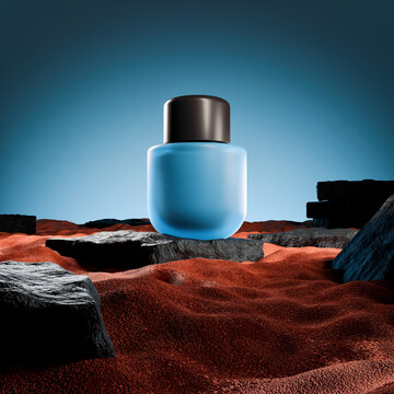 RealisticBlue Perfume Bottle placed on black rock in red sand 3d Render