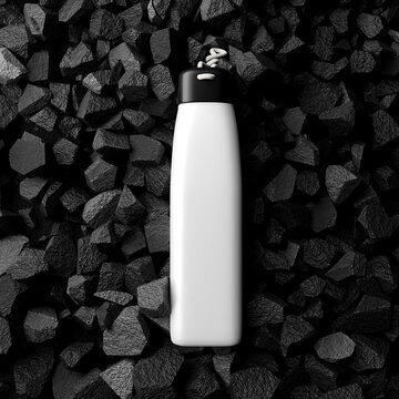 Realistic White Water Bottle on Black Charcoal Background 3d Render