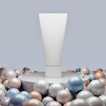  White Cosmetic Tube white Background in White base and surrounding Colourful balls