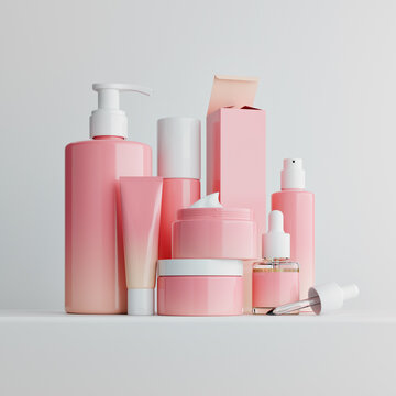  set of Realistic Pink Cosmetic products on white Background 3d render