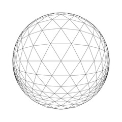 Geodesic wireframe sphere with interconnected triangular mesh. Ideal for concepts in architecture, technology, science, and digital art, emphasizing symmetry, structure, and modern design
