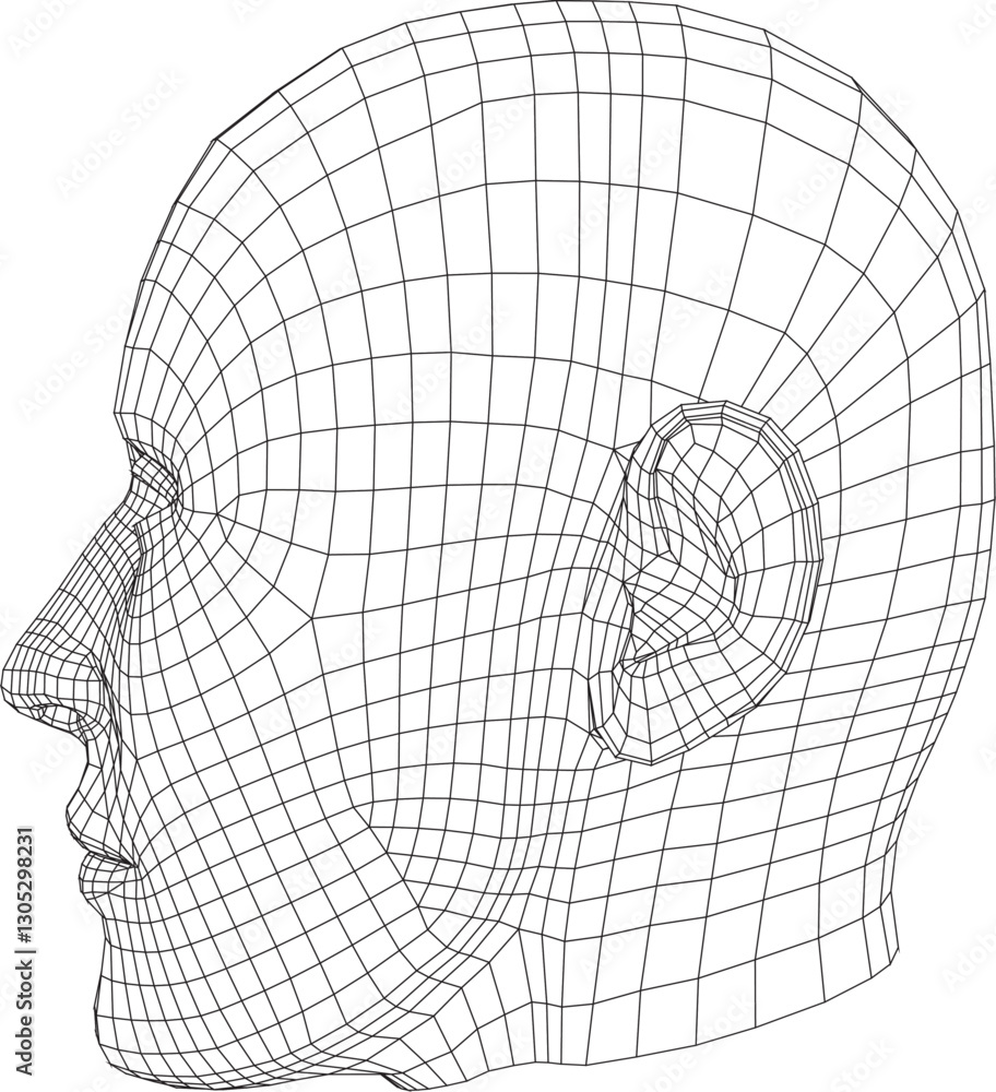 Poster wireframe 3d model of a human head in side profile view, displaying intricate mesh details. ideal fo