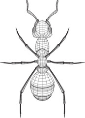 Wireframe model of an ant with intricate mesh detailing. Ideal for 3D design, digital art, scientific illustration, biology studies, or technical presentations