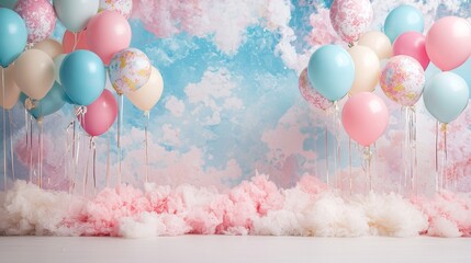 Pastel Balloons Dreamland: A whimsical backdrop of pastel balloons floating over fluffy clouds against a dreamy sky.