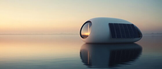 A sleek, modern capsule home floats on still waters during sunrise, its design blending sustainability with tranquil living, surrounded by nature.