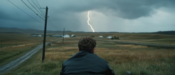 A man gazes at lightning striking across a vast landscape, capturing awe, contemplation, and the unpredictability of nature.