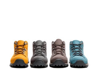 Four teenage friends display their trendy backpacking shoes against a pristine white background, embodying friendship and adventure as they gear up for their next outdoor excursion.