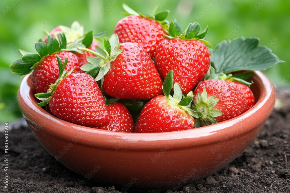 Poster freshly picked strawberries in a clay bowl on soil under sunny conditions in a garden setting