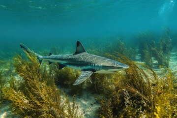 Fototapeta premium Majestic shark gliding through kelp forest in clear blue waters of ocean during daylight hours