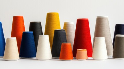 A variety of colorful spools arranged in a line, showcasing different heights and shades, perfect for textiles and sewing enthusiasts.