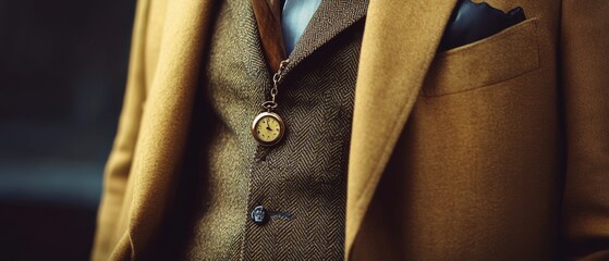 A vintage pocket watch dangles elegantly from a tailored coat, embodying timeless style and classic sophistication with intricate details.