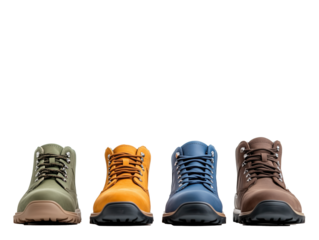 Four Adventurous Teen Friends Showcase Stylish Backpacking Footwear Against a Clean White Backdrop, Radiating Camaraderie and Ready for Their Next Outdoor Journey