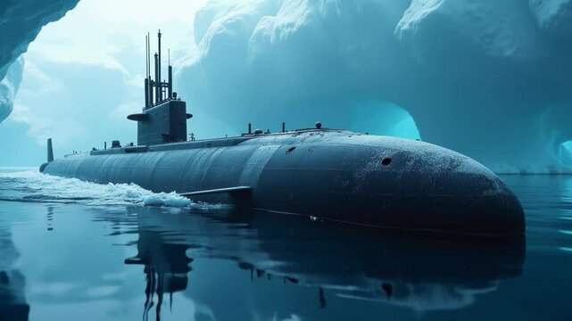 A submarine glides silently through the striking blue depths surrounded by towering ice formations