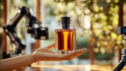 Wooden hand holds perfume bottle in studio - Powered by Adobe