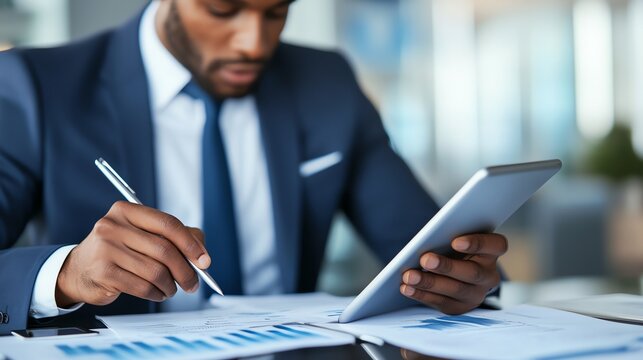 An investor researching potential stocks on a tablet device. investor researching