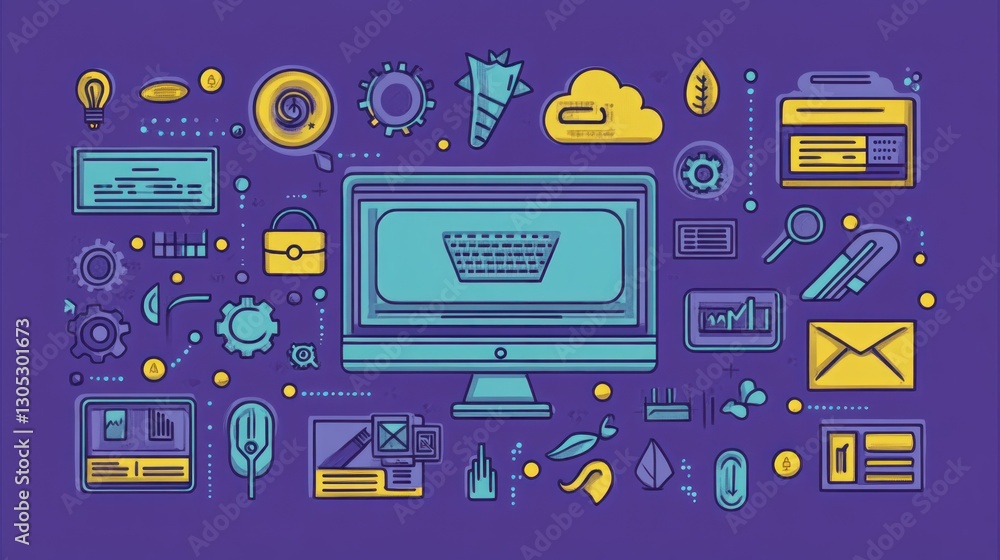 Poster modern digital workspace illustration showing computer and icons. possible use for web design