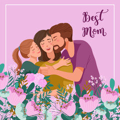 Cute square postcard of mom, daughter, dad and text. . Vector illustration