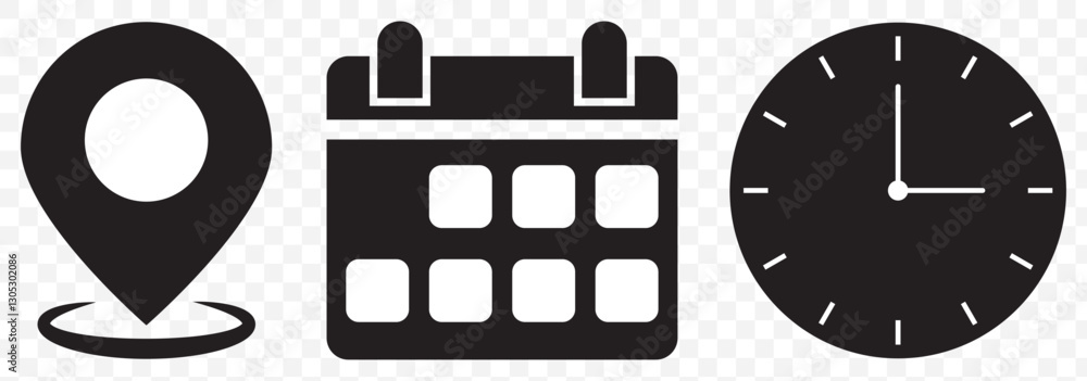 Poster date, time, address or place icons symbol. time, date and address icon isolated set. event elements.